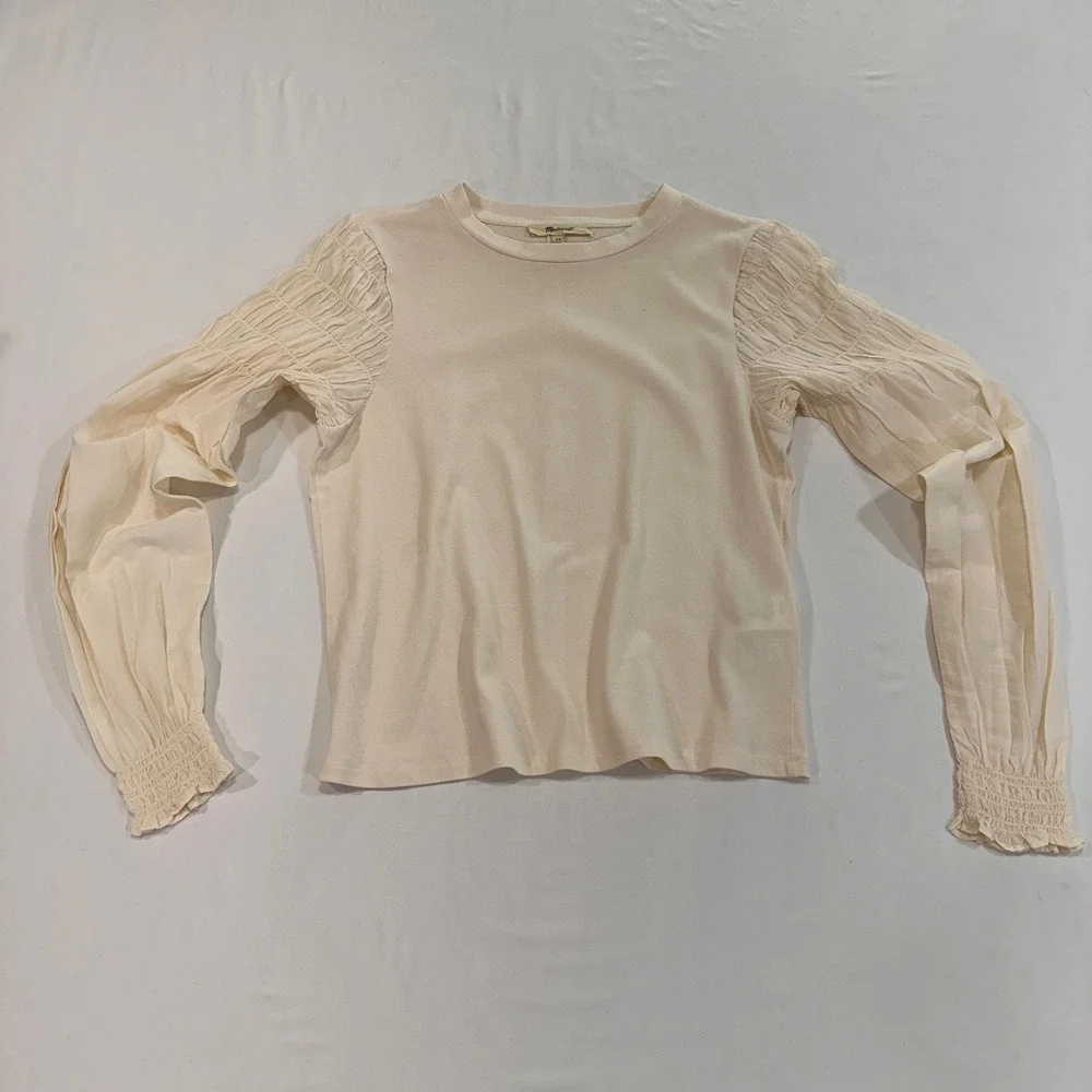 Madewell Smocked Puff Sleeve Mixed‎ Media Top Womens XS Cream Silk Blend | Boho